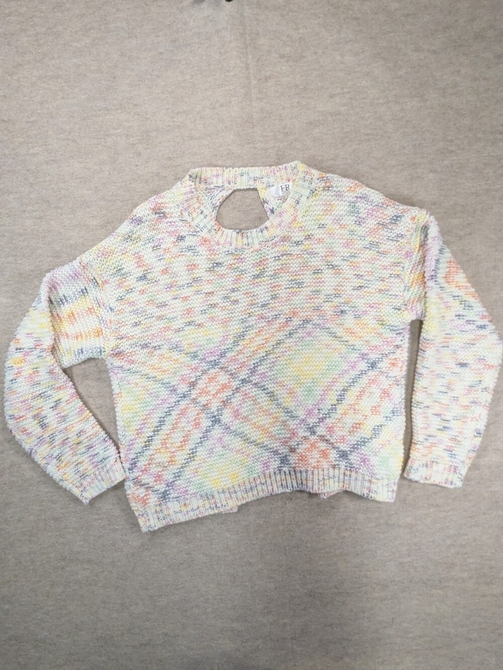 Fray Confetti Cream Knit Open Back Fun Pull Over Sweater Chunky Cozy Pastel L